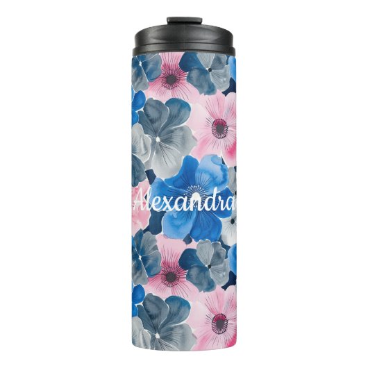 Chic Roze Blauwe Bloemen Thermosbeker (Voorkant)