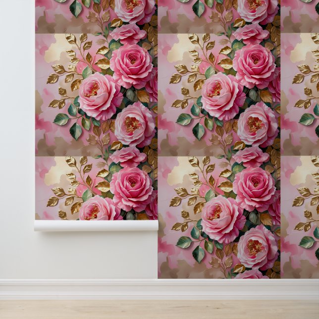 Chic Roze Bloem Goud Accent Wallpaper Behang (Applicatie)