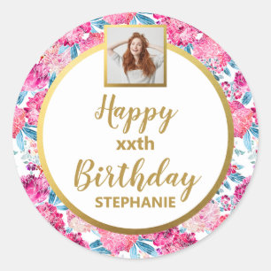 Chic roze bloemen, Aangepaste foto, Fijne verjaard Ronde Sticker