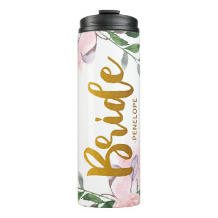 Chic Roze Bloemen Faux Gouden Bruid Script en Naam Thermosbeker