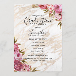 Chic Roze Bloemen Goud Marmer Afstuderen Ceremonie Kaart