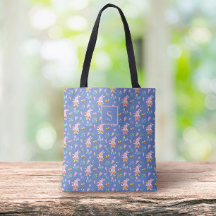 Chic Roze Bunny Bloemen Patroon Blauw Monogram Draagtas