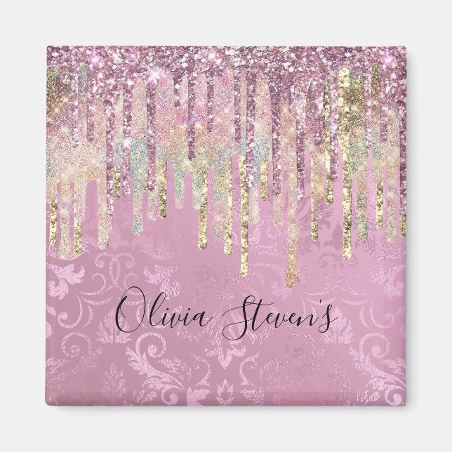 Chic roze damask driving unicorn glitter monogram (Voorkant)