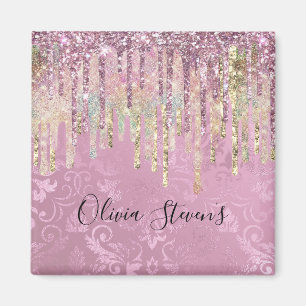 Chic roze damask driving unicorn glitter monogram magneet