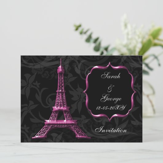 chic roze eiffel tower Paris trouwuitnodiging Kaart (Staand voorkant)