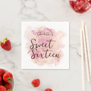Chic Roze en Goud Waterverf Sweet 16 Party Servet