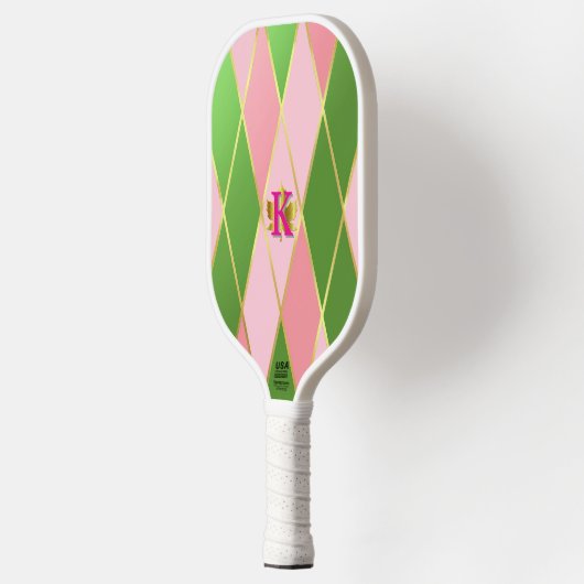 Chic Roze en Groene Argyle Monogrammed Pickleball Paddle (Links)