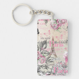 Chic roze floral Paris Eiffel Tower typografie Sleutelhanger