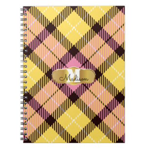 Chic roze Geel Tartan Gold Monogram Naam Notitieboek