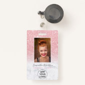 Chic roze glitter marmer logo werknemer foto pas badge (Voorkant met intrekbare)