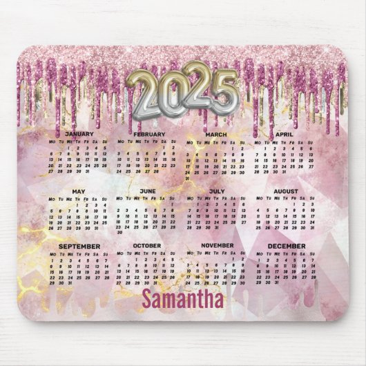 Chic roze goud glitter monogram 2025 kalender muismat (Voorkant)