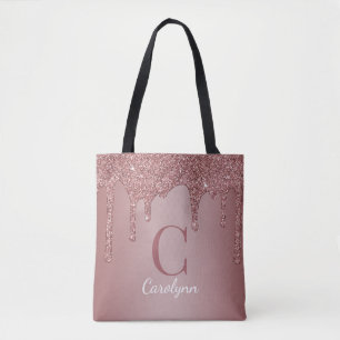 Chic Roze Gouden Glitter Druppels Monogram Draagtas