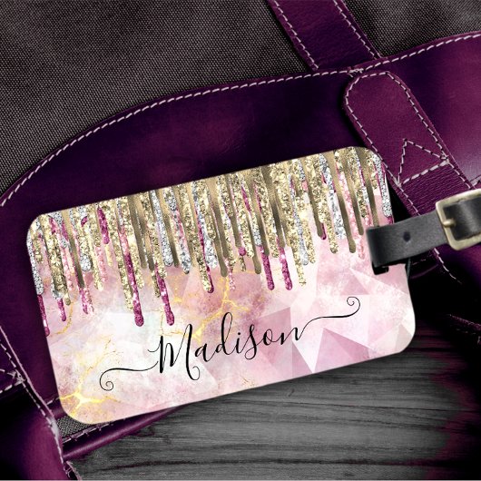 Chic roze goudglitter druppelt monogram bagagelabel