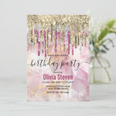 Chic roze goudglitter druppelt monogram kaart (Staand voorkant)