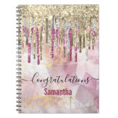 Chic roze goudglitter druppelt monogram notitieboek (Voorkant)