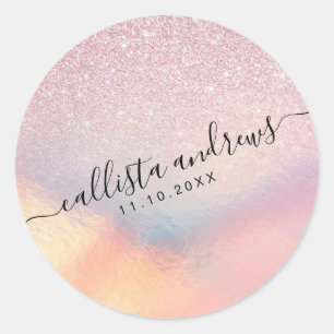 Chic roze litter Iridescent Holographic Gradient Ronde Sticker