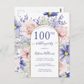 Chic Roze Paarse 100ste verjaardag Uitnodiging (Voorkant / Achterkant)