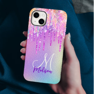 Chic roze roze eenhoorn druppelend glitter monogra Case-Mate iPhone 14 hoesje