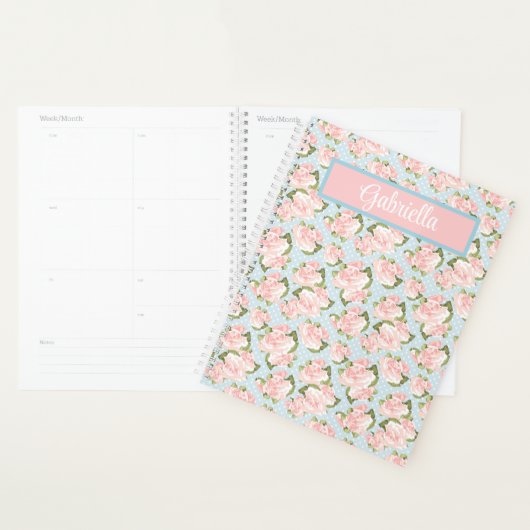 Chic roze rozen - Sky Blue en White Polka Dots Planner (Display)