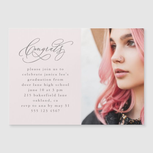 Chic Roze Script Foto Afstuderen Magnetische Uitno (Voorkant)