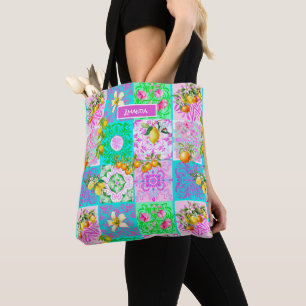 Chic roze Siciliaanse citrus collage bloemige tege Draagtas