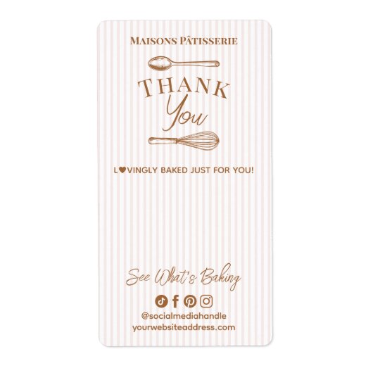 Chic Roze Streep Whisk Lepel Dank Je Bakery Stempe Etiket (Voorkant)