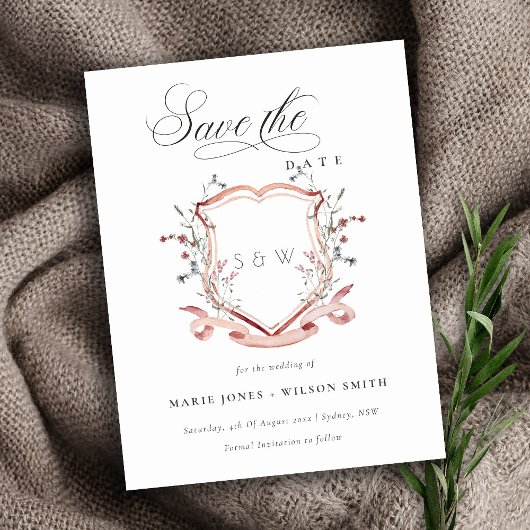 Chic roze Wildflower Monogram Crest sparen de datu Aankondigingskaart