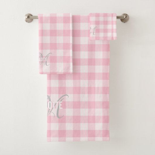 Chic roze witte gingham monogram naam bad handdoek (Insitu)