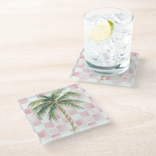 Chic Roze Witte Pleinen Gouden Palm Tree Glazen Onderzetter