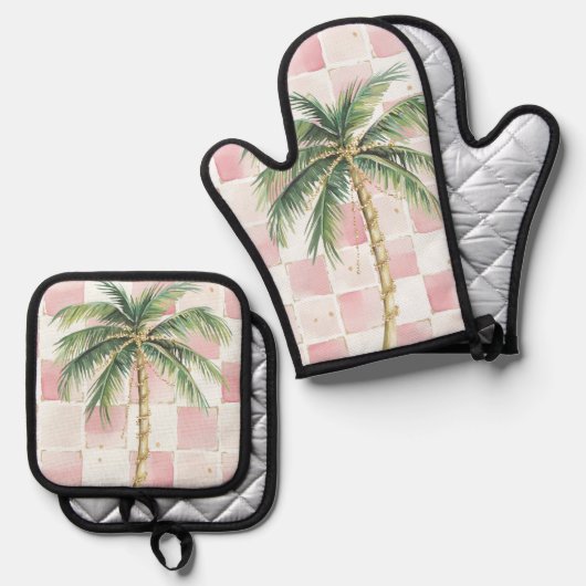 Chic Roze Witte Pleinen Gouden Palm Tree Ovenwant & Pannenlap Set (Voorkant / Achterkant)
