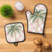 Chic Roze Witte Pleinen Gouden Palm Tree Ovenwant & Pannenlap Set (Top down)