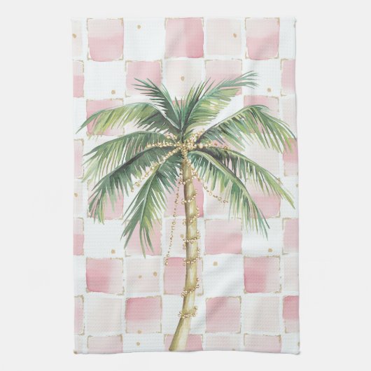Chic Roze Witte Pleinen Gouden Palm Tree Theedoek (Verticaal)