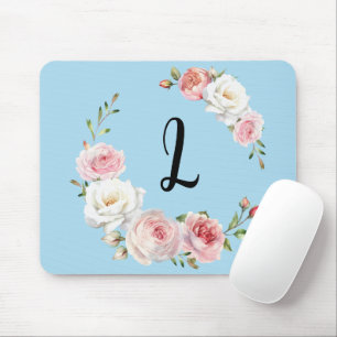 Chic Roze Witte Rozen Initiaal Script Baby Blauw Muismat
