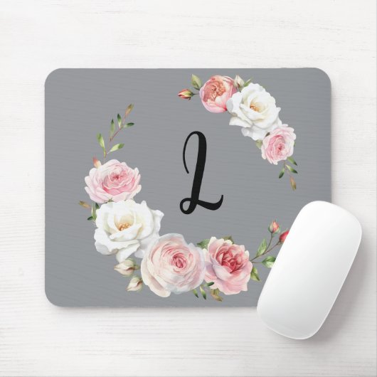 Chic Roze Witte Rozen Initiaal Script Grijs Muismat (Met muis)