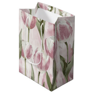 Chic Roze Witte Tulp Bloemen Verjaardag Medium Cadeauzakje