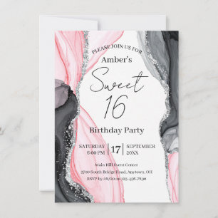 Chic Roze & Zwart Marmer Sweet 16 Uitnodiging