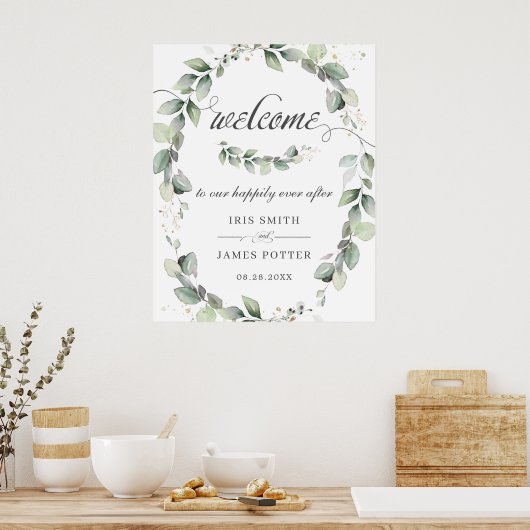 Chic Rustic Green Wreath Mariage Affiche de bienve (Cuisine)