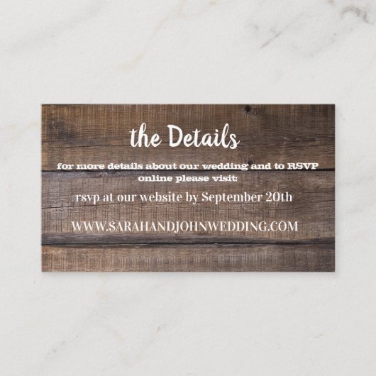 Chic Rustic Mariage de bois Site Web Carte RSVP (Devant)