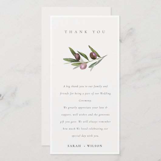 Chic Rustic Minimal Olive Branch Foliage Wedding Bedankkaart (Voorkant / Achterkant)