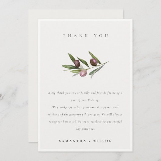 Chic Rustic Minimal Olive Branch Foliage Wedding Bedankkaart (Voorkant / Achterkant)