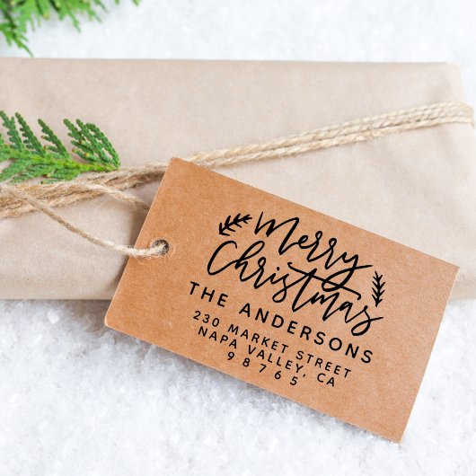 Chic Rustic Script Merry-kerstretouradres Zelfinktende Stempel