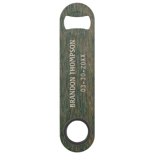 Chic Rustic Steel Grijs Blauw Hout Grain Patroon Speed Flessenopener (Voorkant)