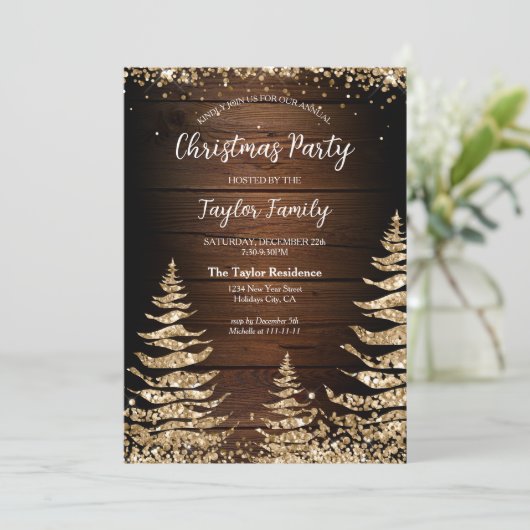 Chic Rustic Wood Glitter Kerstboomfeest Kaart (Staand voorkant)