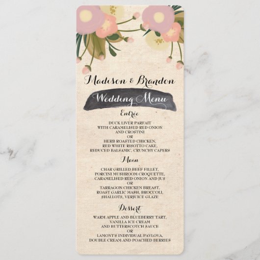 Chic Rustique Aquarelle Floral Canvas Menu Mariage (Devant)