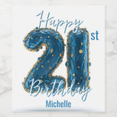 Chic saffier blauw en goud 21e verjaardag wijn etiket (Enkel label)