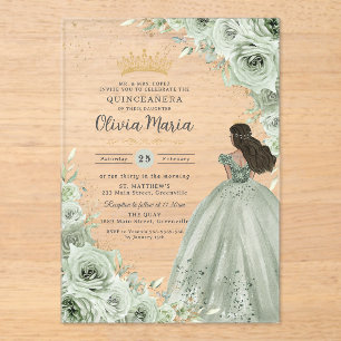 Chic Sage Green Floral Brown Princess Quinceañera Acryl Uitnodigingen