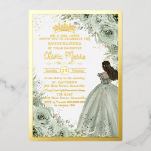 Chic Sage Green Floral Brown Princess Quinceañera Folie Uitnodiging