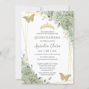 Chic Sage Green Floral Butterflies Quinceañera Kaart
