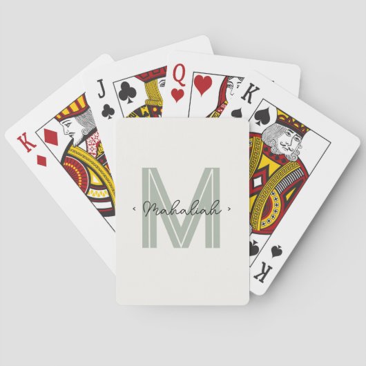 Chic Sage Green Monogram Script Naam Pokerkaarten (Achterkant)