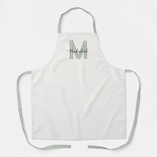 Chic Sage Green Script Naam Monogram Schort (Voorkant)